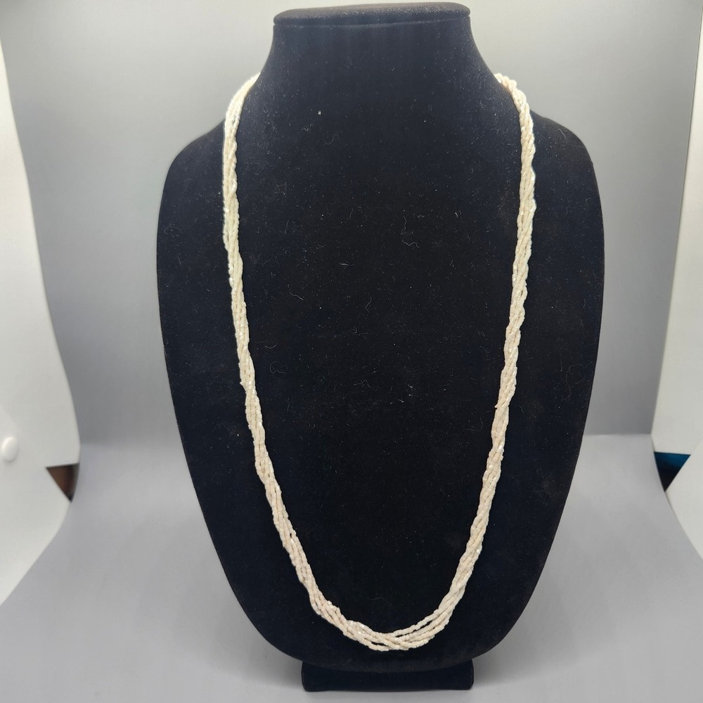 Multi Strand Twisted White Seed Bead Necklace Long Gold Tone Fashion Jewelry